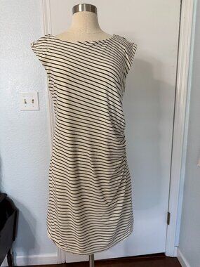 Ann Taylor LOFT Striped Sleeveless Dress Size L Cream Black Ruched Side